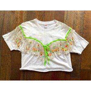 90s vintage colorful fringed beaded festival reworked cropped tee shirt crop top